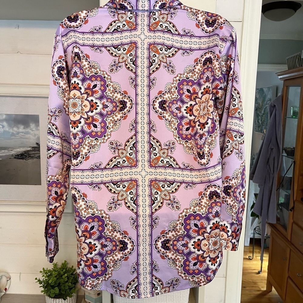 Ann Taylor XXSP Button Down Blouse Purple Oran  Pattern NWOT - Picture 3 of 11